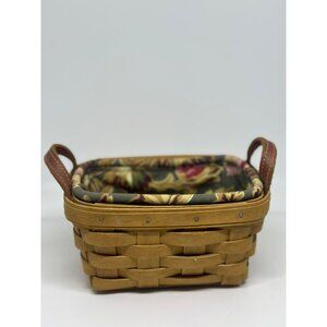 Longaberger Small Woven Basket With Floral Fabric Liner & Leather Handles Decor